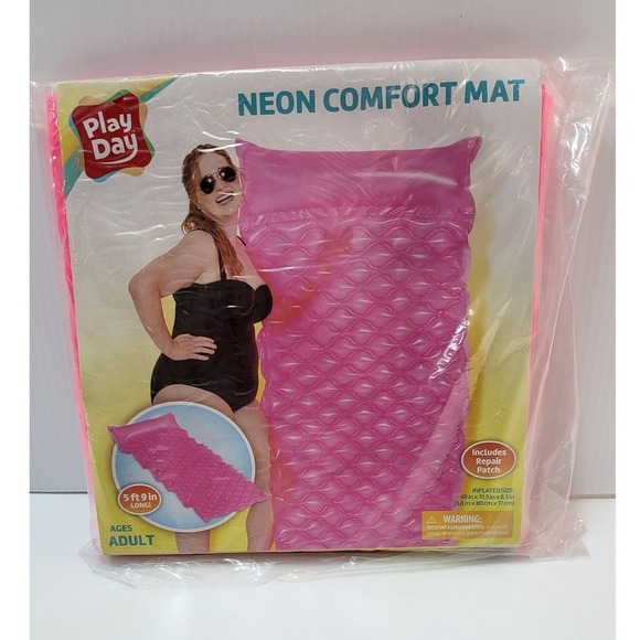 Play Day Neon Comfort Mat Inflatable Pool Float Lounger with Pillow Adult - Picture 2 of 6